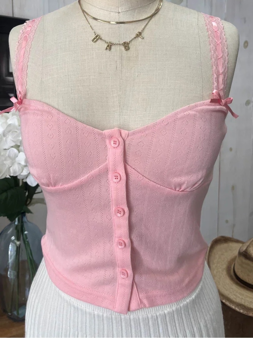 NWT Lulus Pink Ribbed Knit Button-Front Corset Bustier Top